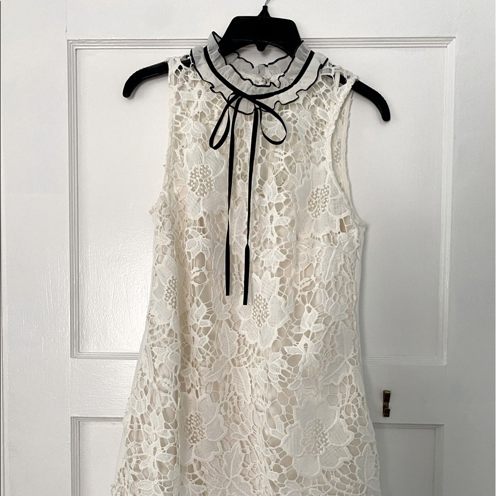 Kensie black and white lace dress with ruffle collar. Chic for office or luxury